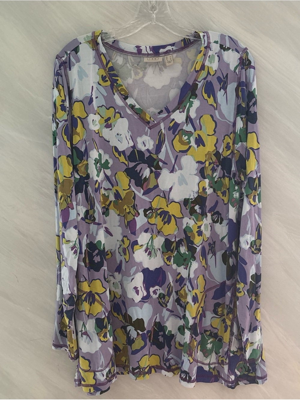 Logo Lori Goldstein L Multicolor Floral V-Neck L/S Jersey Knit Flowy Top Artsy